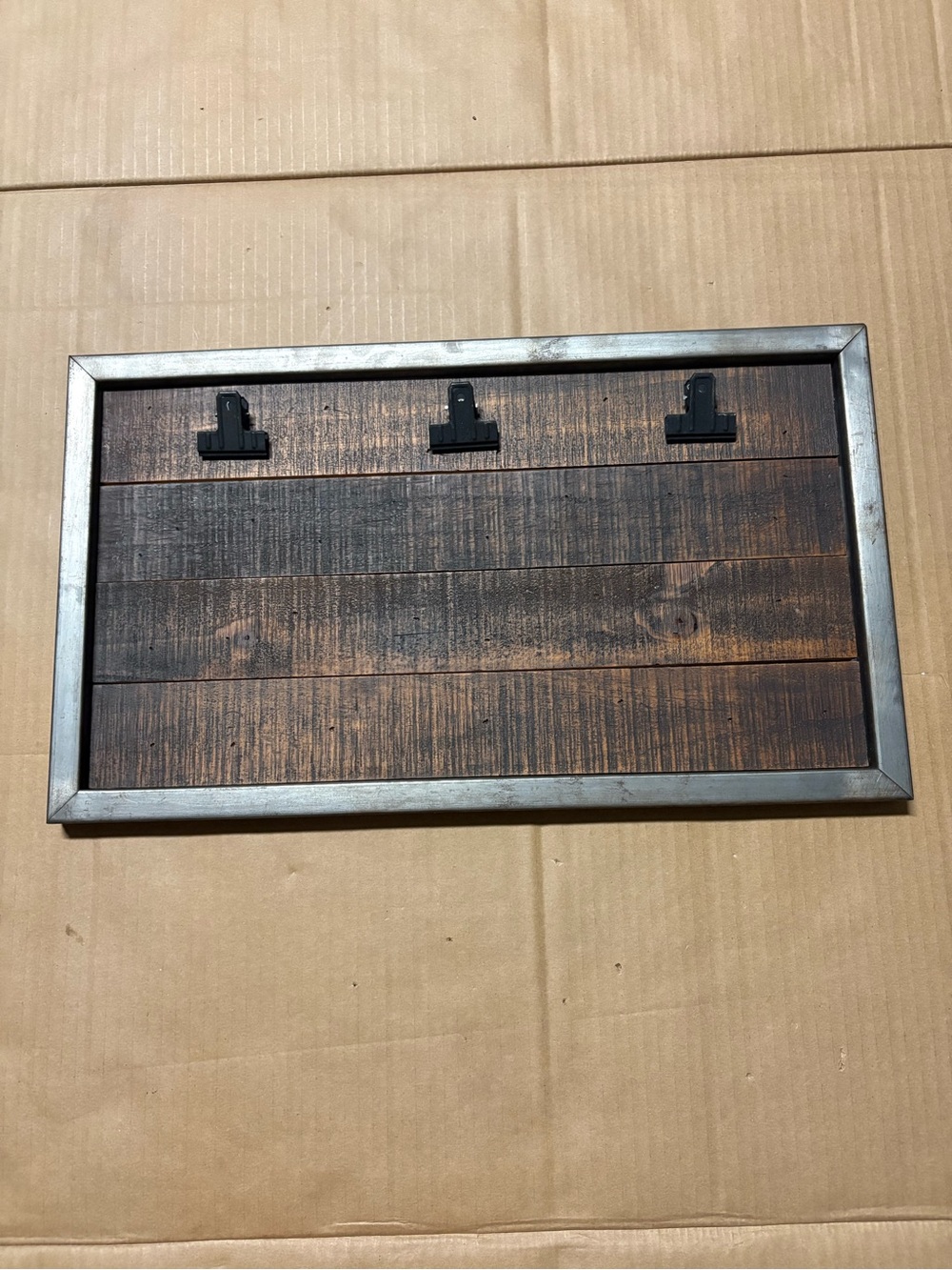 Rustic Brown Wood and Silver Frame Wall Organizer with Three Clips